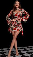 Sultry Rose Print Cut Out Draped Mini Dress