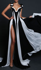 Cura Couture Black & White Striped Maxi Dress with Floral Accents