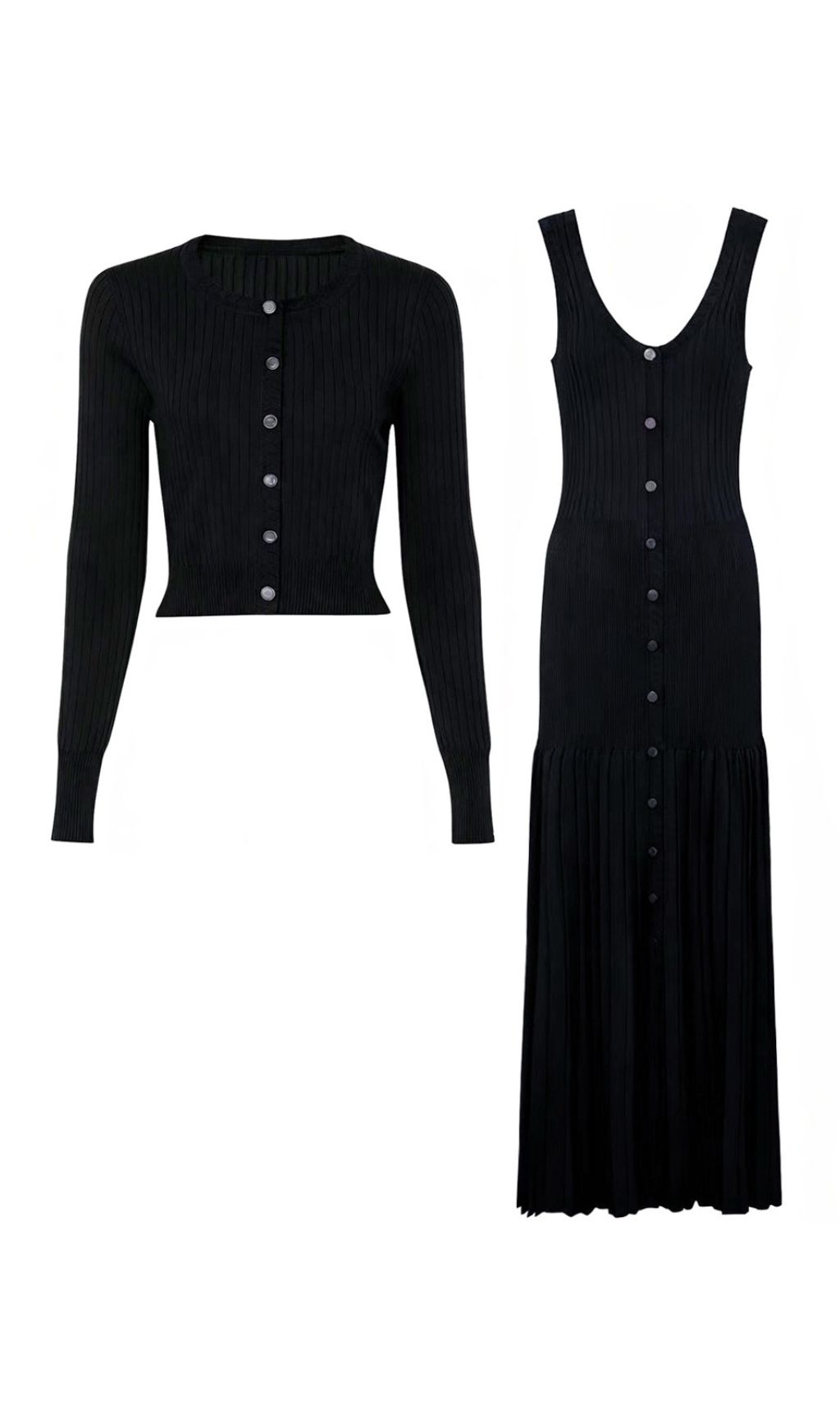 Jackie Black Ribbed Knit Maxi Dress & Cardigan Set