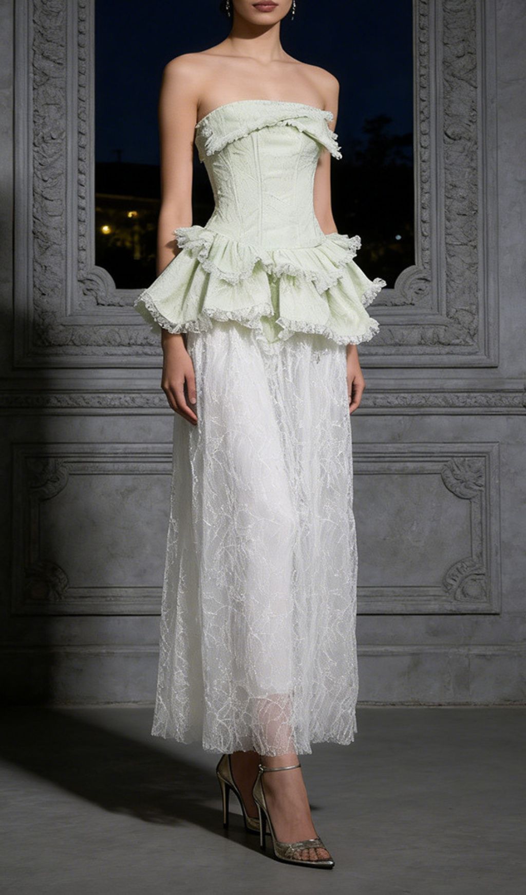 Jenis Sage Green Strapless Corset Peplum Lace Maxi Dress