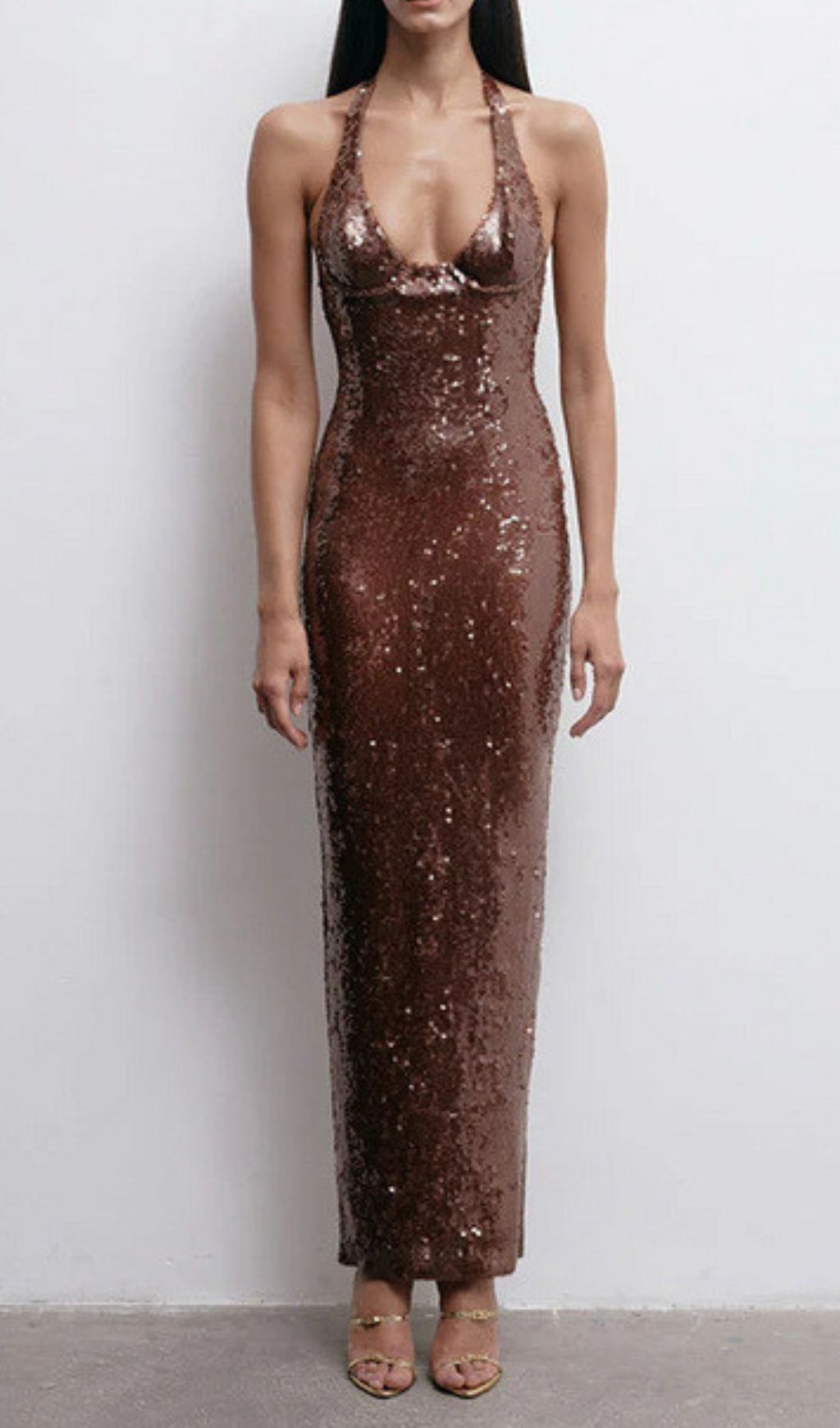 Fathia Halter Backless Bronze Sequin Maxi Dress