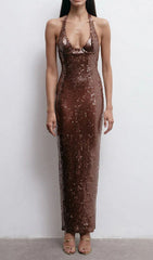 Fathia Halter Backless Bronze Sequin Maxi Dress
