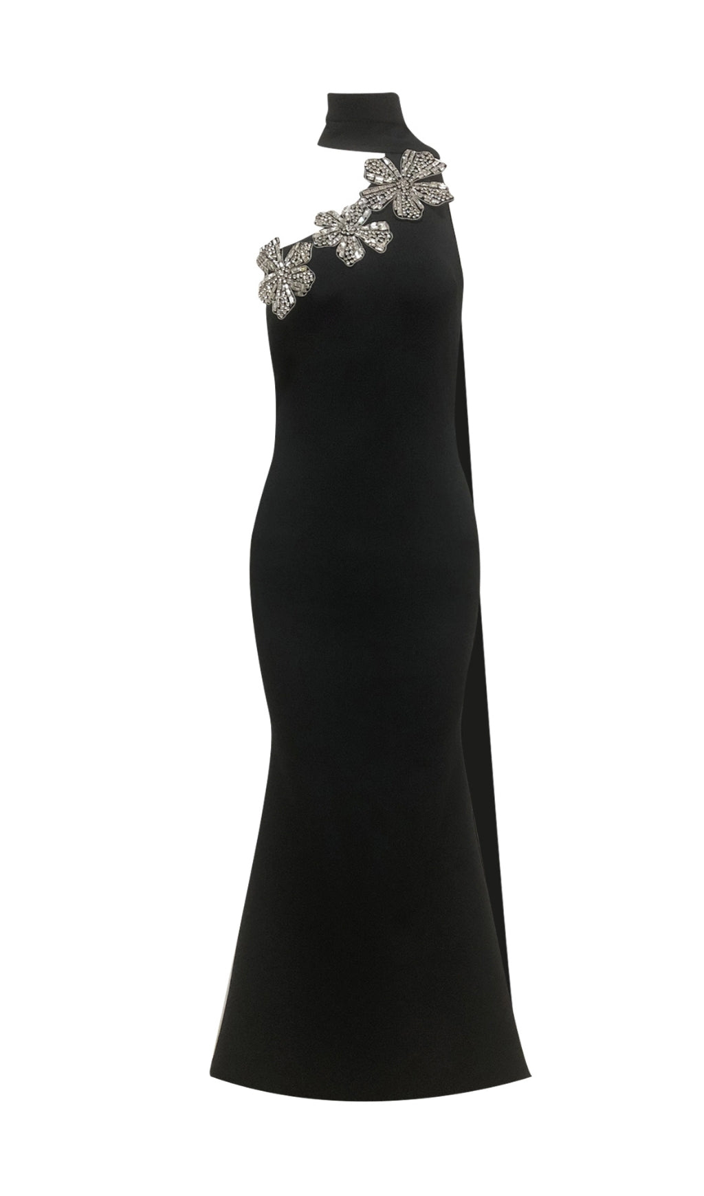 Emily Black Diamond Flower One-Shoulder Maxi Dress with Flowing Cape