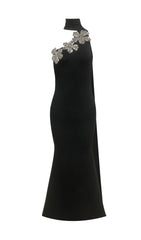 Emily Black Diamond Flower One-Shoulder Maxi Dress with Flowing Cape
