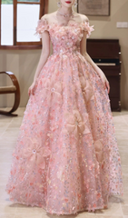 Harmony Pink 3D Floral Sequin Off-Shoulder Maxi Gown