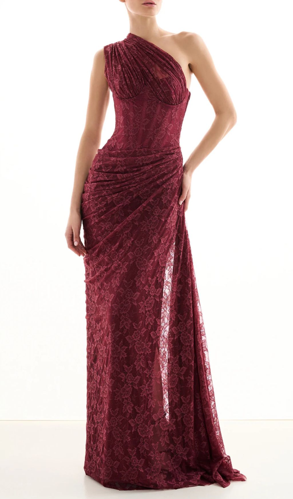 JoJo Wine Lace One-Shoulder Corset Maxi Dress