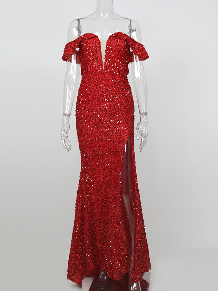 Showstopper Red Sequin Off-Shoulder Maxi Gown with Thigh Slit