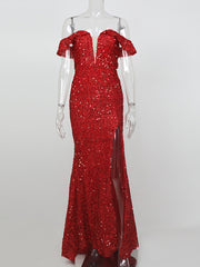 Showstopper Red Sequin Off-Shoulder Maxi Gown with Thigh Slit
