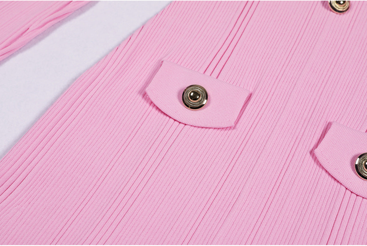 Clidhna Elegant Gold Button Ribbed Knit Midi Dress