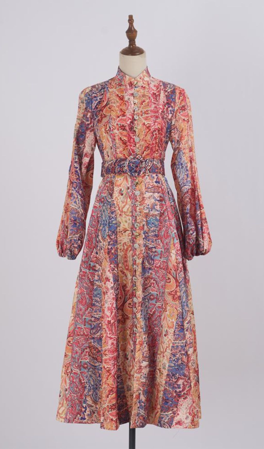 Glynis Vibrant Paisley Long Sleeve Midi Dress with Belt