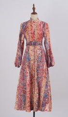 Glynis Vibrant Paisley Long Sleeve Midi Dress with Belt