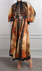 Elegant Imari Lace & Print Midi Dress