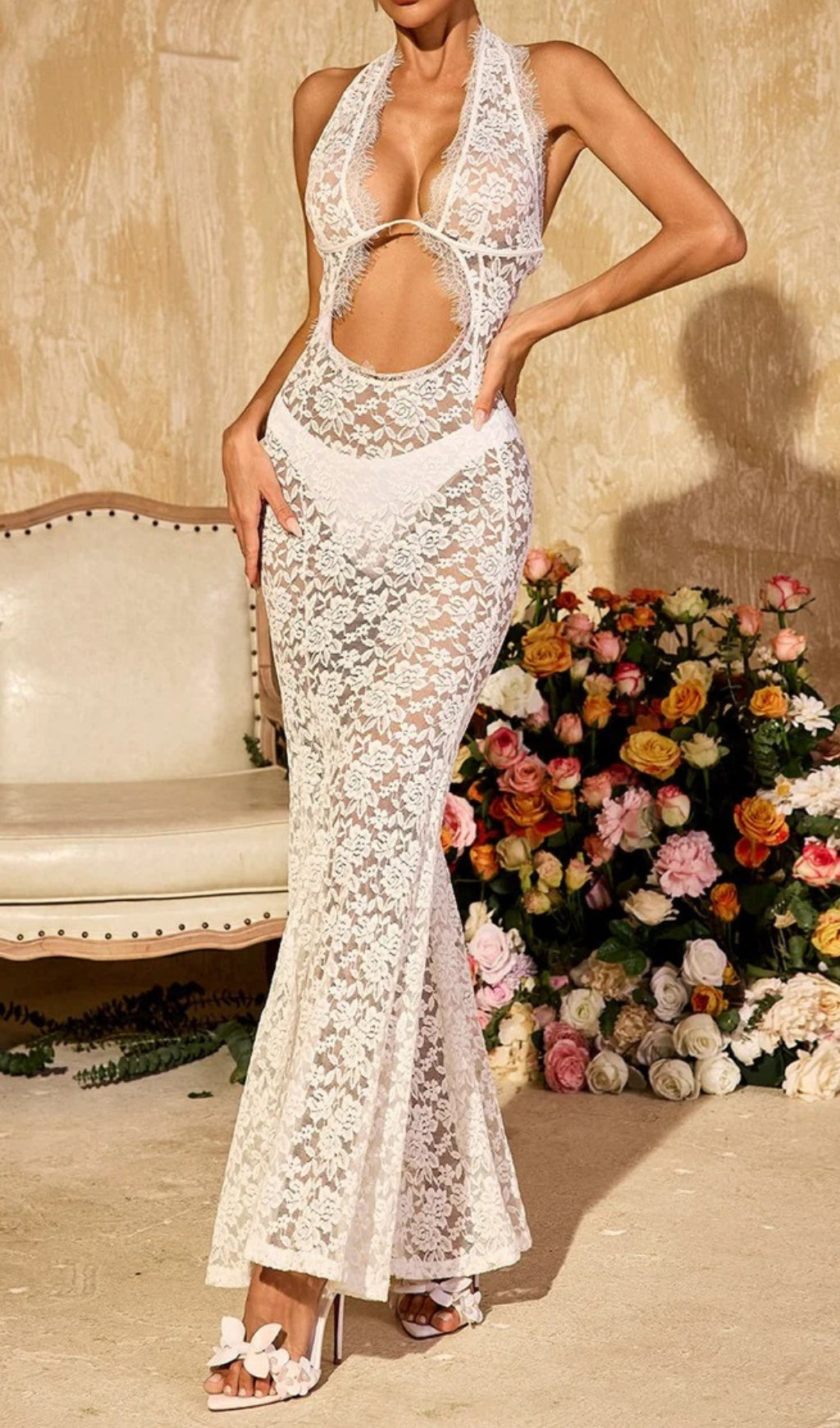 Ravhyx Alluring Halterneck Cutout Lace Maxi Dress for Women