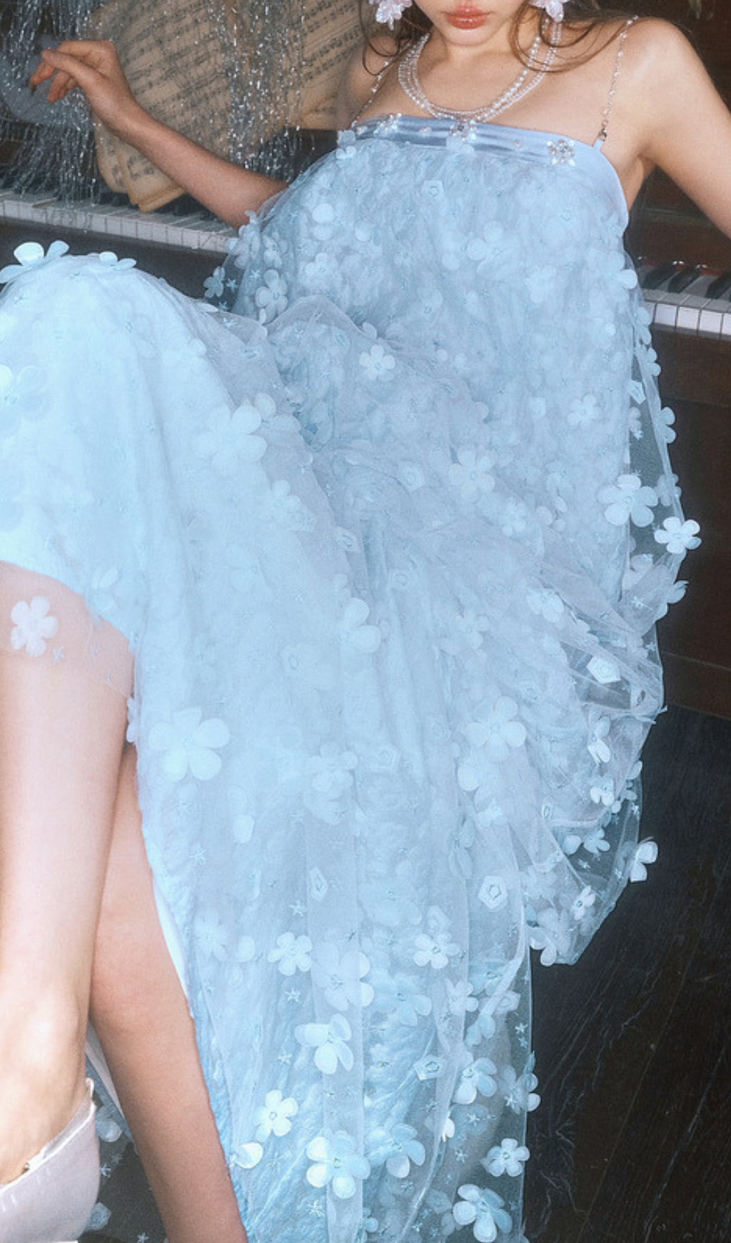 Dreamy Harsha Blue 3D Floral Embellished Strapless Maxi Dress