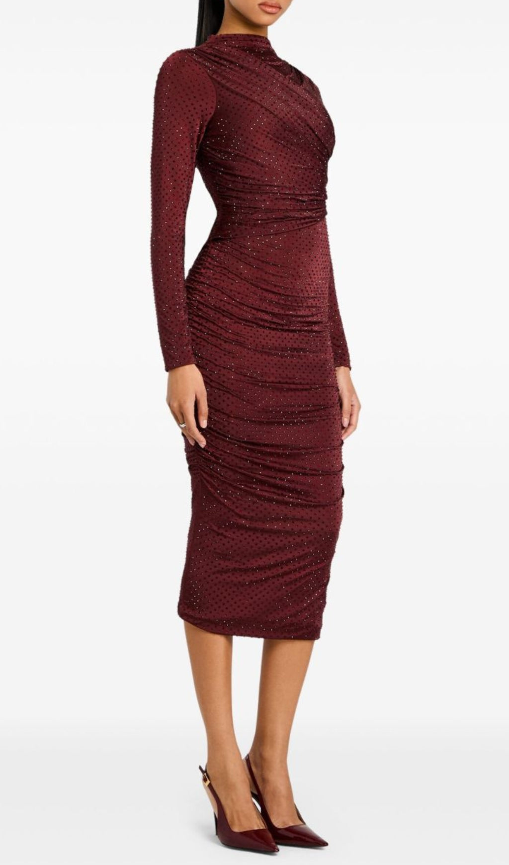 Devika Shimmering Wine Ruched Bodycon Midi Dress