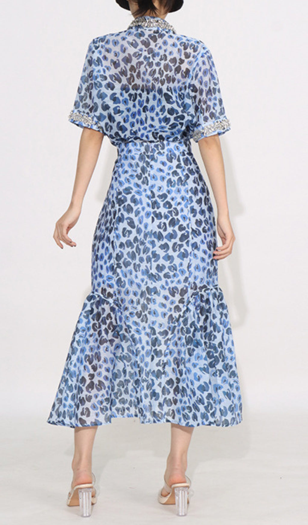 Dympna Chic Blue Leopard Print Embellished Midi Shirt Dress