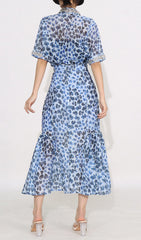 Dympna Chic Blue Leopard Print Embellished Midi Shirt Dress