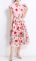 Fusca Elegant Pink Floral Belted Midi Shirtdress