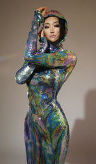 Dazzling Holographic Glitter Ombre Hooded Maxi Dress