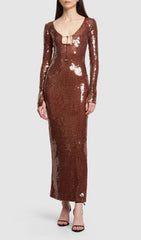 Ardelle Dazzling Brown Sequin Maxi Dress with Keyhole Cut-Out