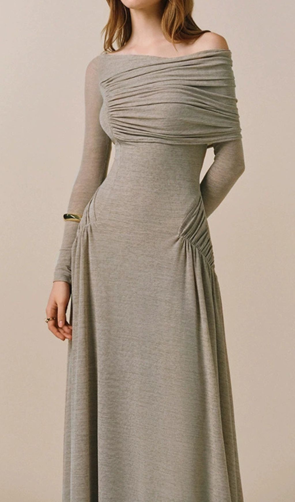 Gaia Elegant Ruched Off-Shoulder Long Sleeve Maxi Dress