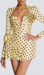 Vivacious Yellow Polka Dot Ruched Mini Dress with Rose Accents