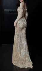 Garbo Dazzling Off-Shoulder Sequin Long Sleeve Maxi Gown
