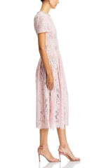 Elegant Pink Lace Embellished Fit-and-Flare Midi Dress