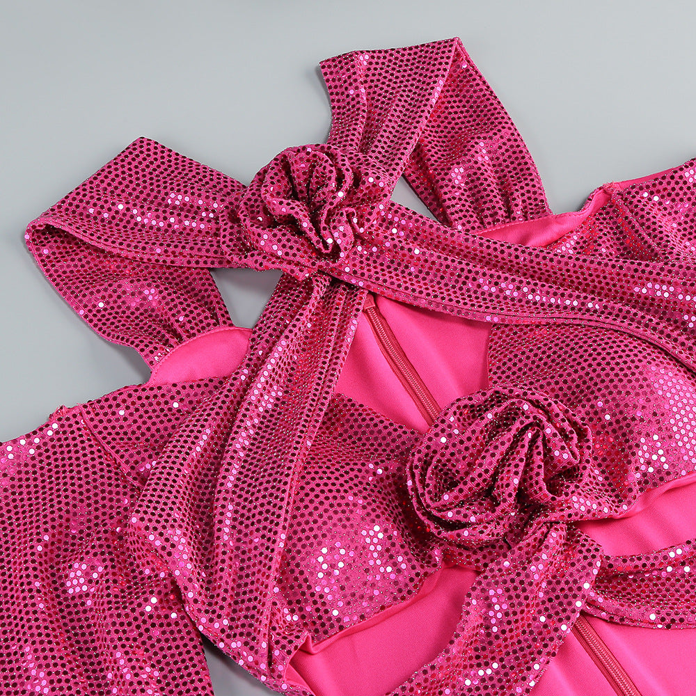 Benigno Show-Stopping Fuchsia Sequin Halter Cutout Maxi Dress