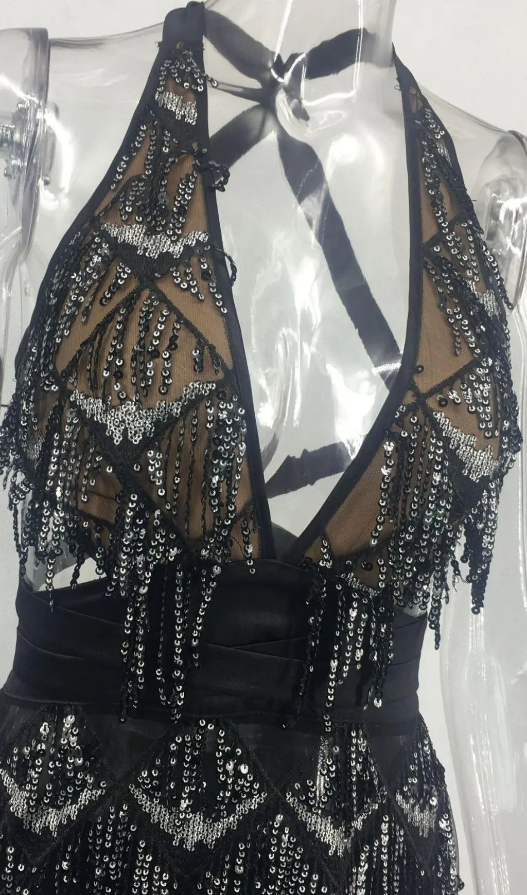 Dazzling Black Sequin Halter Backless Mini Dress with Tassels