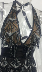 Dazzling Black Sequin Halter Backless Mini Dress with Tassels