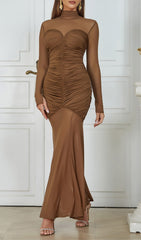 Elegant Brown Ruched Maxi Dress
