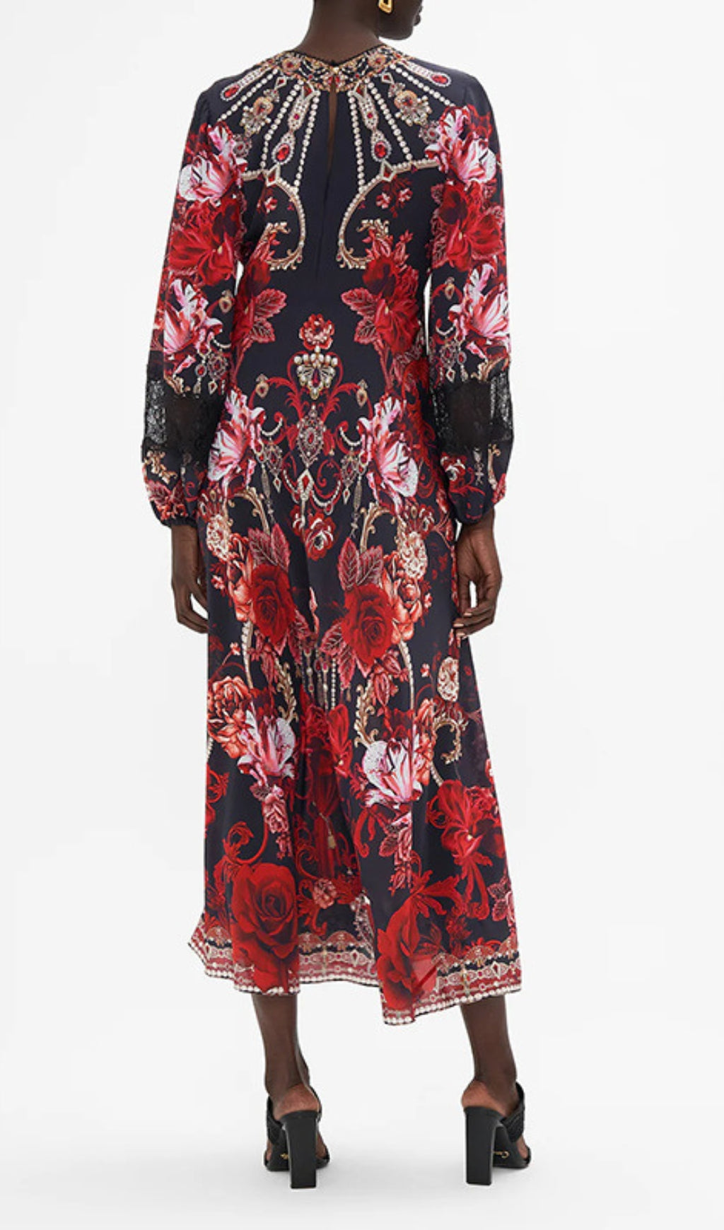 Davood Bohemian Red Floral V-Neck Midi Dress with Lace Cuffs