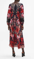 Davood Bohemian Red Floral V-Neck Midi Dress with Lace Cuffs
