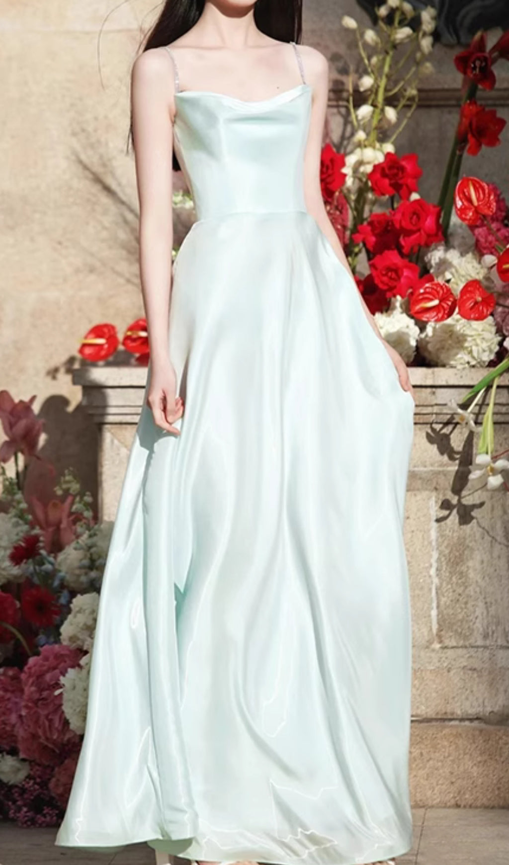 Coleka Luxe Aqua Strappy Satin Maxi Dress