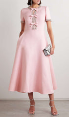 Chic Pink Bow & Crystal Embellished Midi Dress