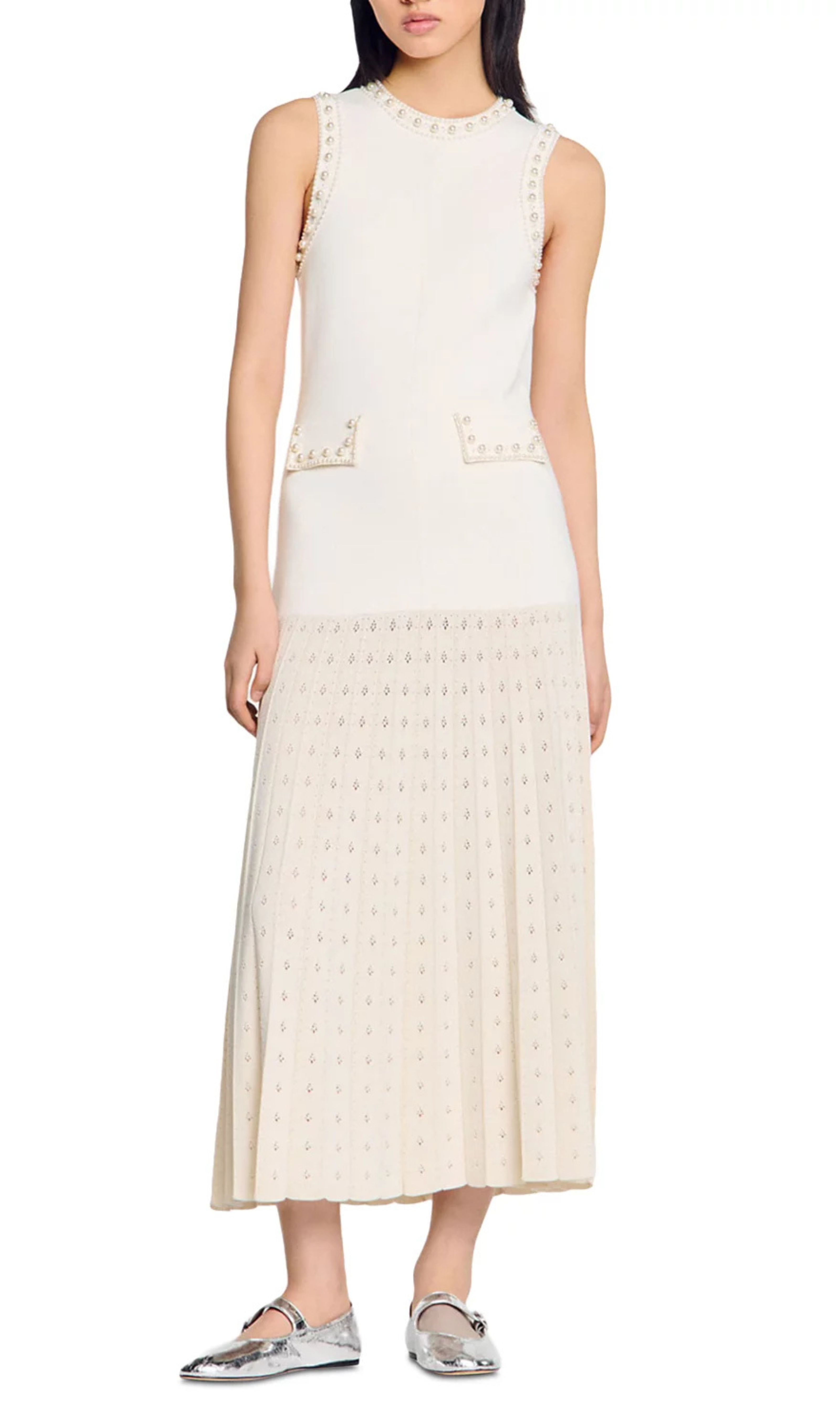 Elegant Pearl-Beaded Sleeveless Knit Maxi Dress for Women