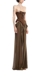 Edna Brown Whimsical Strapless Corset Maxi Dress