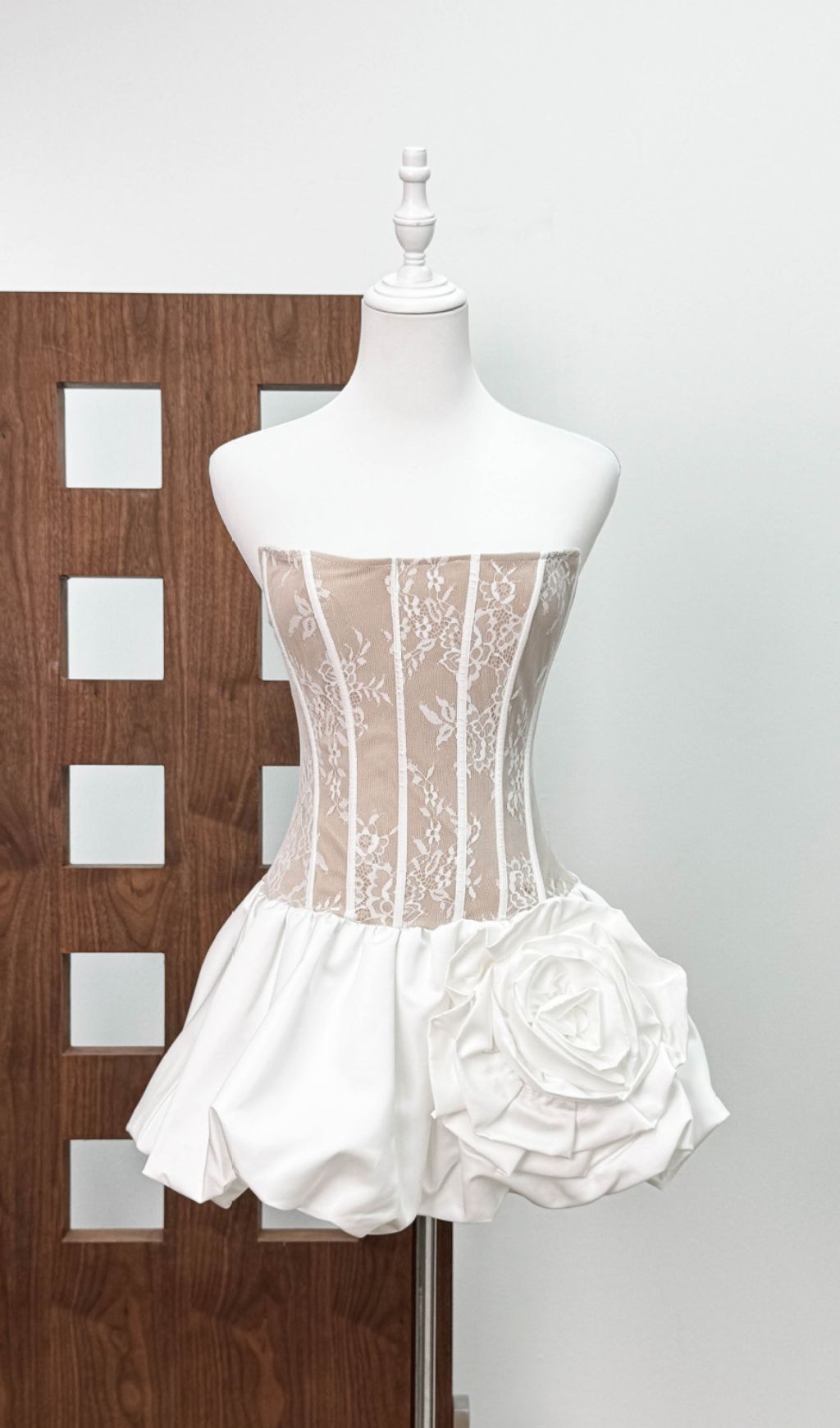 Irene White Strapless Corset Mini Dress with Floral Bubble Skirt