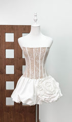 Irene White Strapless Corset Mini Dress with Floral Bubble Skirt