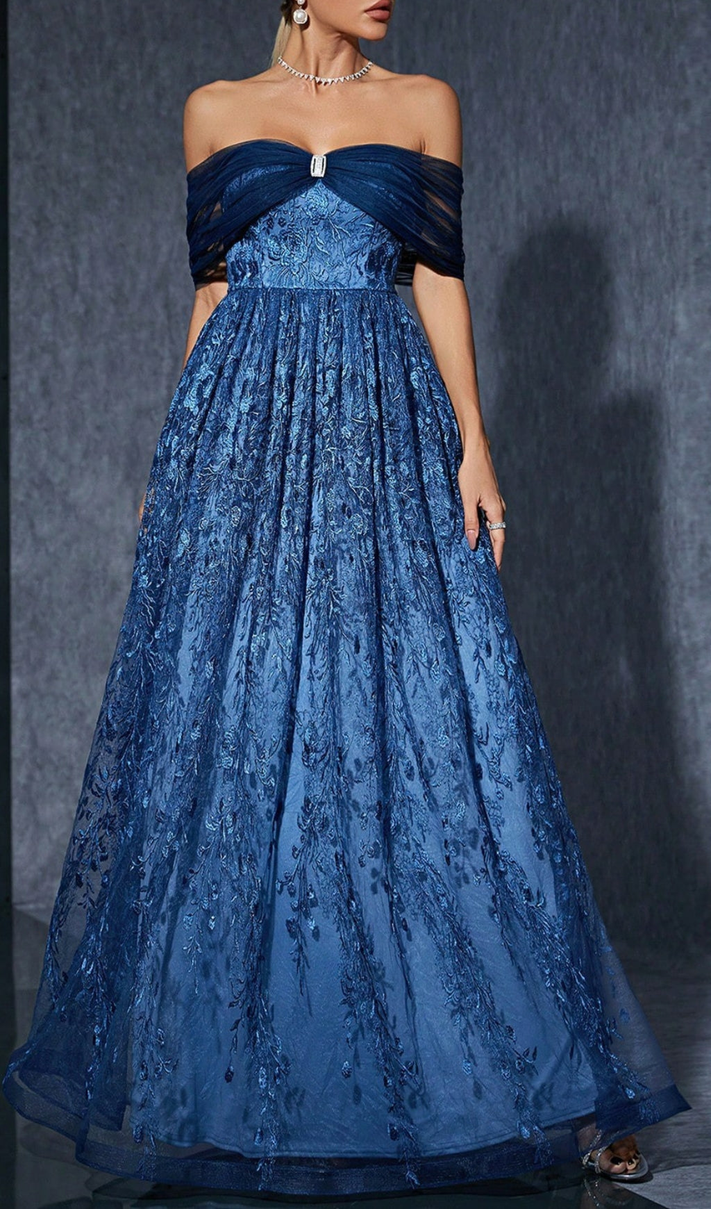 Dionne Enchanting Navy Off-Shoulder Embroidered Maxi Gown