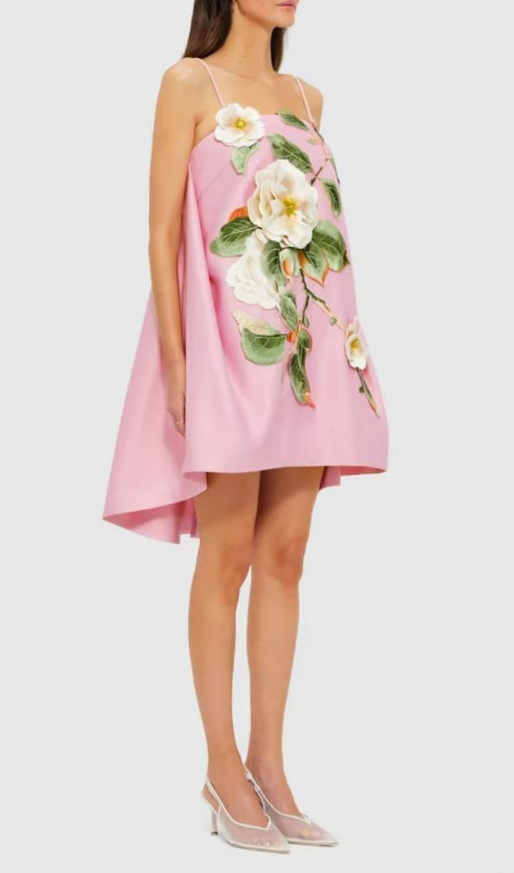 Fina Pink 3D Floral Embroidered High-Low Mini Dress