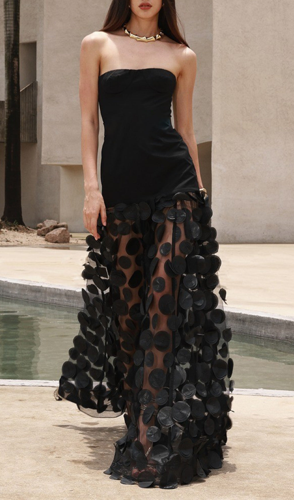 Duffy Black Strapless Mesh Dot Maxi Dress