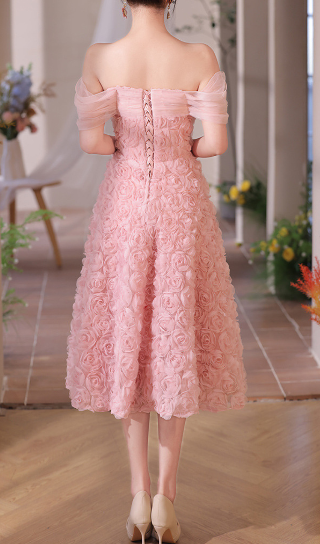 Giovani Romantic Pink Rose Off-Shoulder Midi Dress