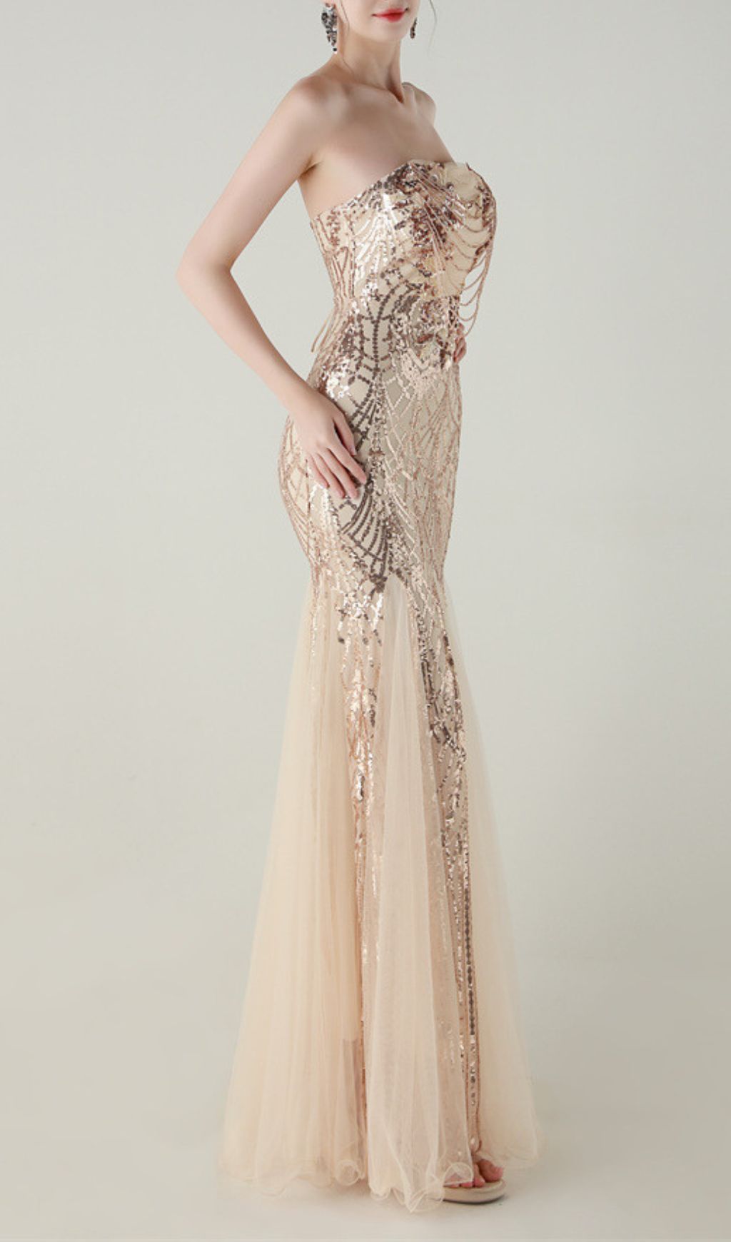 Ikuye Strapless Sequin Mesh Maxi Dress