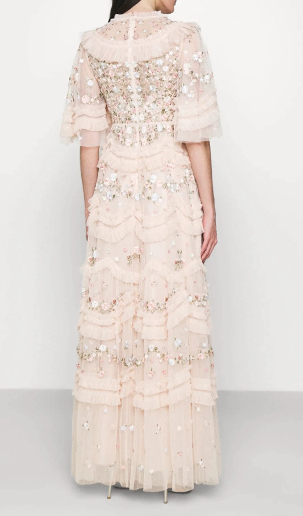 Enchanted Garden Floral Embroidered Ruffle Tulle Maxi Dress