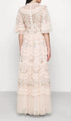Enchanted Garden Floral Embroidered Ruffle Tulle Maxi Dress