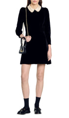 Paola Elegant Black Velvet Mini Dress with Detachable Pearl Collar