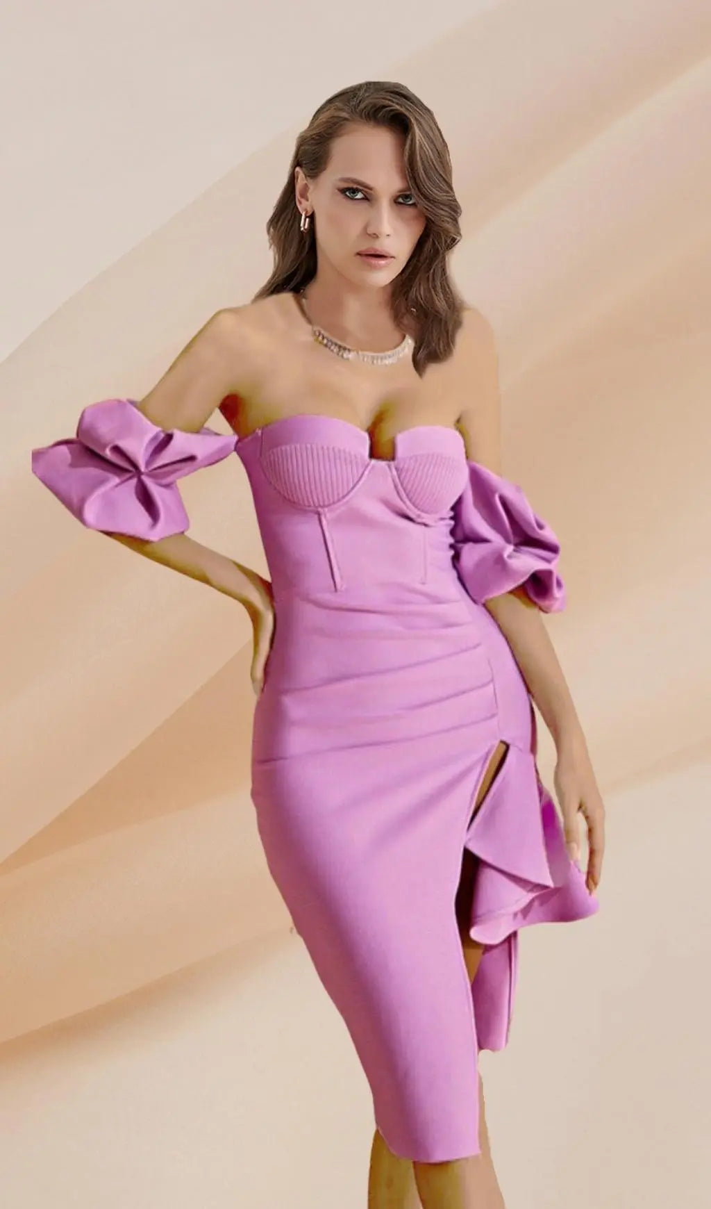 Lavish Lavender Off-Shoulder Midi Dress with Dramatic Puff Sleeves & High Slit