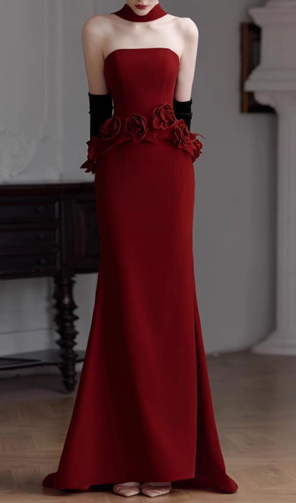 Edena Crimson Rose Strapless Evening Gown